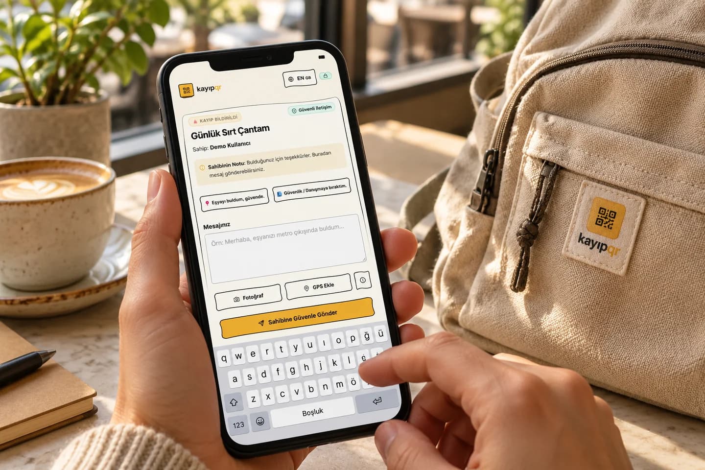 KayıpQR sayfasından mesaj yazılan telefon ve bulunan QR etiketli çanta