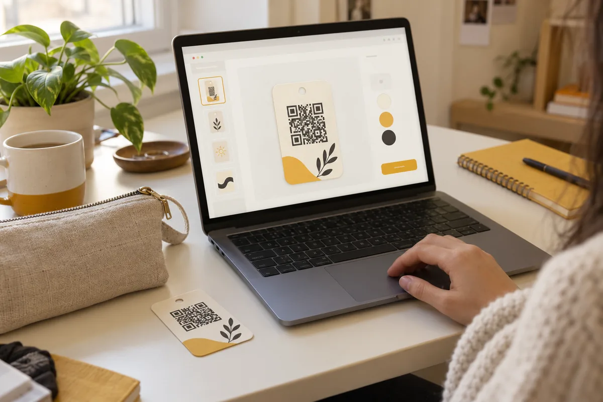 Laptopta krem ve sarı renkli bir QR etiketi tasarlayan kişi