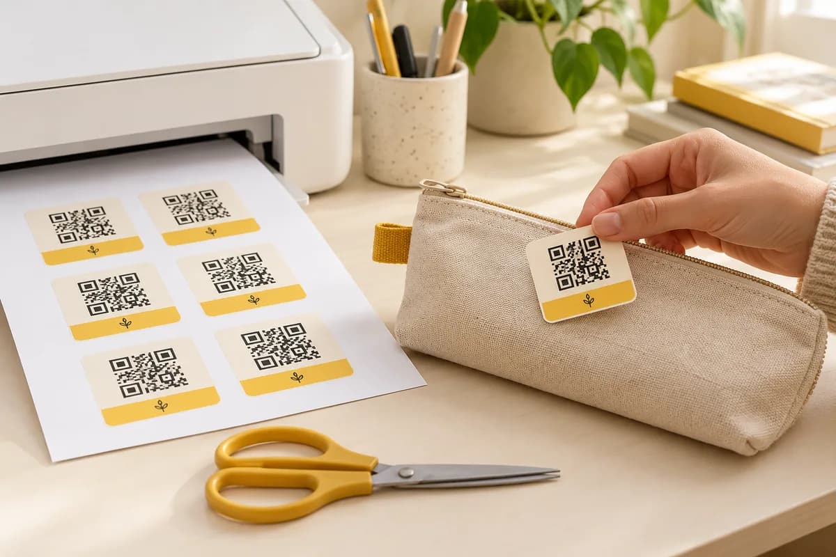 Evde yazdırılan QR etiketini kanvas çantasına yerleştiren kişi